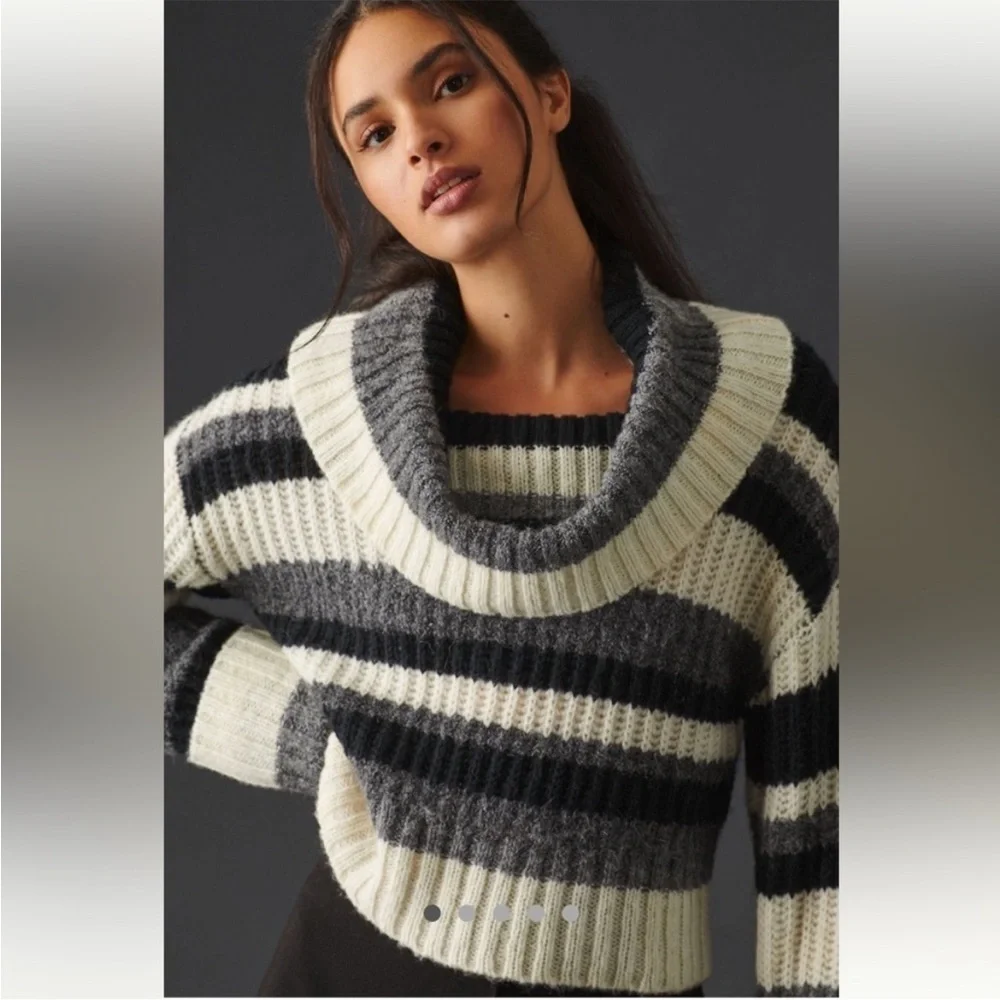 Anthropologie oversized turtleneck‎ striped wool blend sweater size small crop